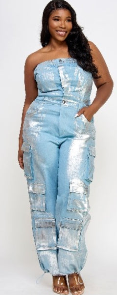 Foiled Denim Cargo Jumpsuit